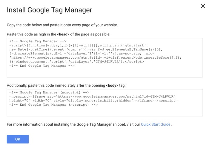 Snippet di Google Tag Manager